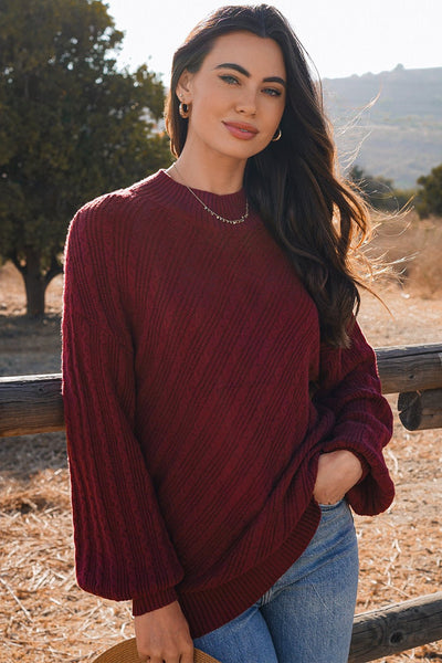 Women's Red Dahlia Mock Neck Diagonal Rib Textured Sweater