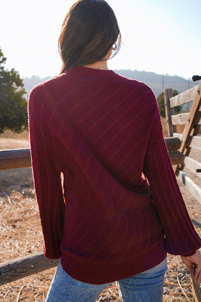 Women's Red Dahlia Mock Neck Diagonal Rib Textured Sweater