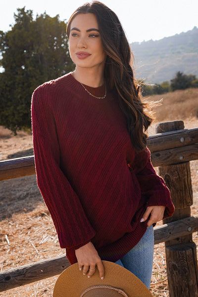 Women's Red Dahlia Mock Neck Diagonal Rib Textured Sweater