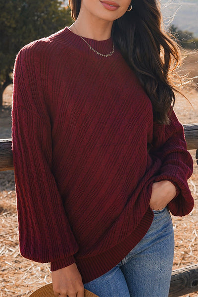 Women's Red Dahlia Mock Neck Diagonal Rib Textured Sweater
