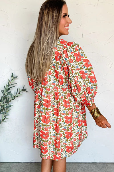 Women's Red Floral Cotton Mini Dress with Ricrac Trim and 3/4 Sleeves