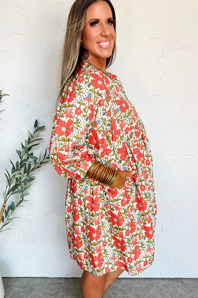 Women's Red Floral Cotton Mini Dress with Ricrac Trim and 3/4 Sleeves