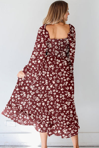 Women's Red Floral Smocked Maxi Dress with Square Neck