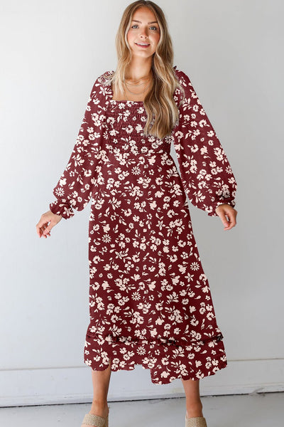 Women's Red Floral Smocked Maxi Dress with Square Neck