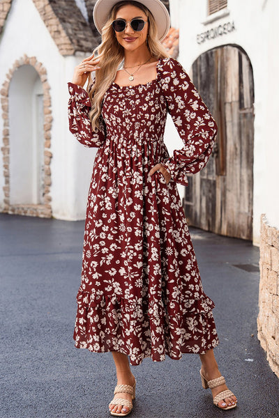 Women's Red Floral Smocked Maxi Dress with Square Neck