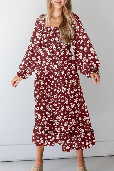 Women's Red Floral Smocked Maxi Dress with Square Neck