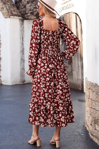 Women's Red Floral Smocked Maxi Dress with Square Neck