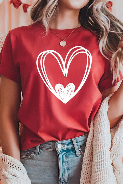 Women's Red Hand-Drawn Heart Graphic Tee with Rolled Cuffs