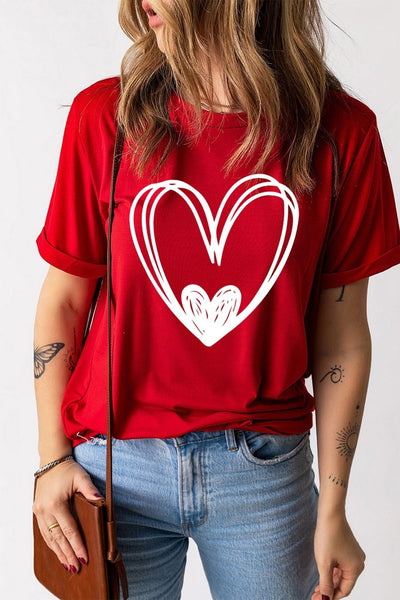 Women's Red Hand-Drawn Heart Graphic Tee with Rolled Cuffs