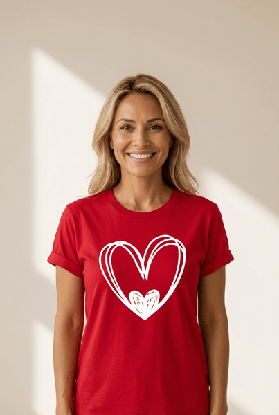 Women's Red Hand-Drawn Heart Graphic Tee with Rolled Cuffs