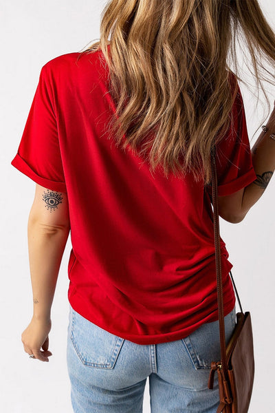 Women's Red Hand-Drawn Heart Graphic Tee with Rolled Cuffs