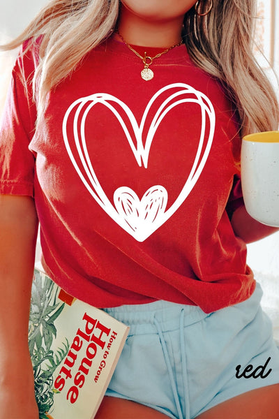 Women's Red Hand-Drawn Heart Graphic Tee with Rolled Cuffs