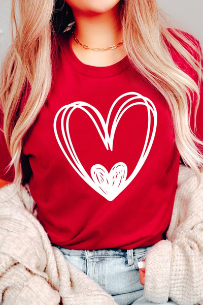 Women's Red Hand-Drawn Heart Graphic Tee with Rolled Cuffs