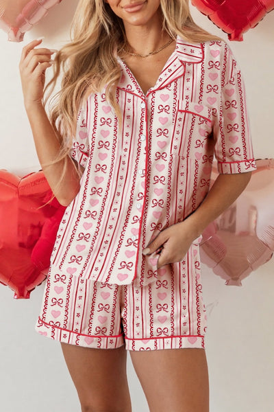 Women's Red Heart and Bow Print Viscose Pajama Set
