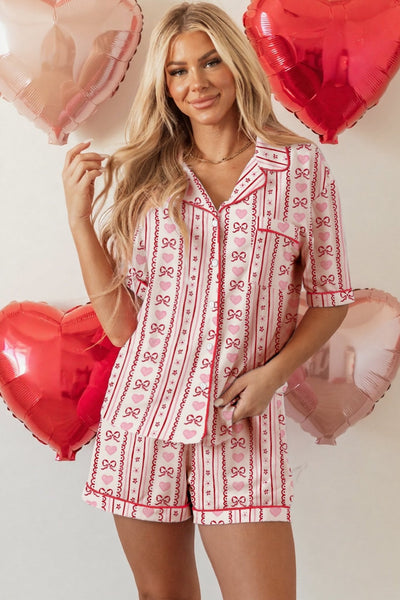Women's Red Heart and Bow Print Viscose Pajama Set