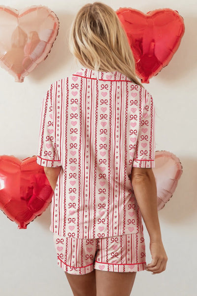 Women's Red Heart and Bow Print Viscose Pajama Set