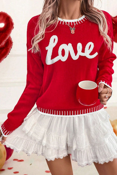 Women's Red Love Chenille Letter Knit Sweater with Contrast Trim