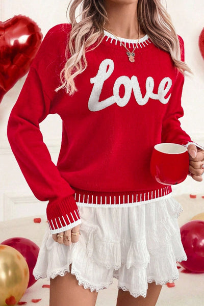 Women's Red Love Chenille Letter Knit Sweater with Contrast Trim