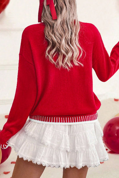 Women's Red Love Chenille Letter Knit Sweater with Contrast Trim