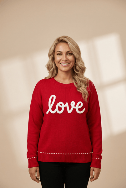 Women's Red Love Chenille Letter Knit Sweater with Contrast Trim