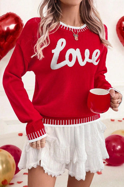 Women's Red Love Chenille Letter Knit Sweater with Contrast Trim