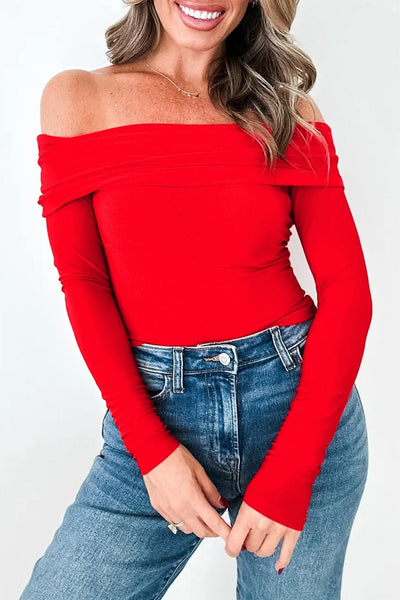 Women's Red Off-Shoulder Viscose Long Sleeve Slim Fit Top