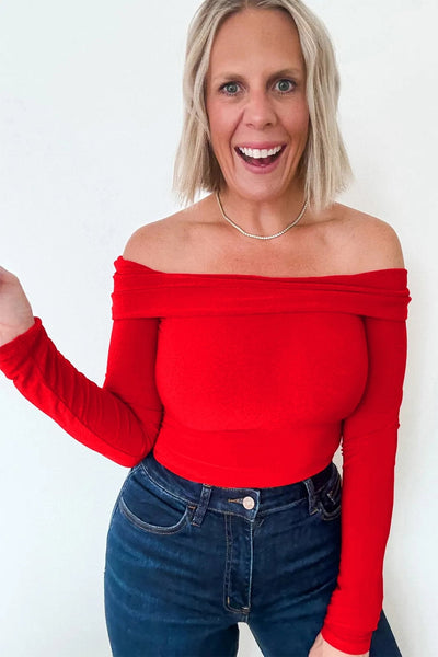 Women's Red Off-Shoulder Viscose Long Sleeve Slim Fit Top