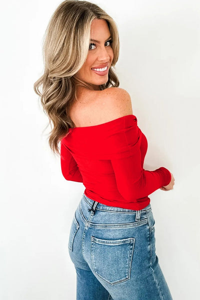 Women's Red Off-Shoulder Viscose Long Sleeve Slim Fit Top