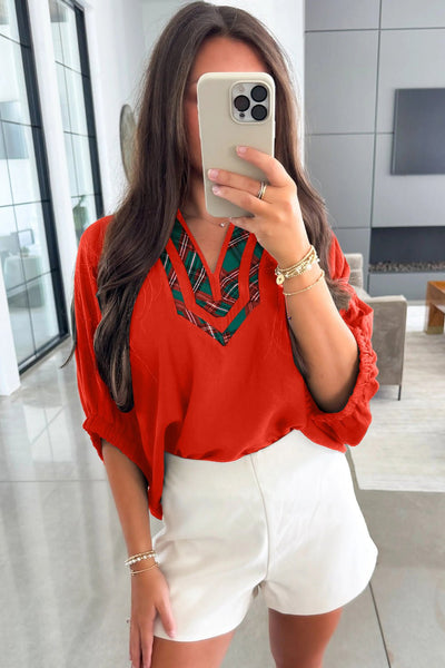 Women's Red Plaid Patchwork V-Neck Blouse with Ruched Half Sleeves