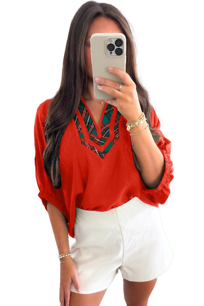 Women's Red Plaid Patchwork V-Neck Blouse with Ruched Half Sleeves