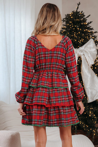 Women's Red Plaid Tiered Babydoll Mini Dress with Ricrac Trim