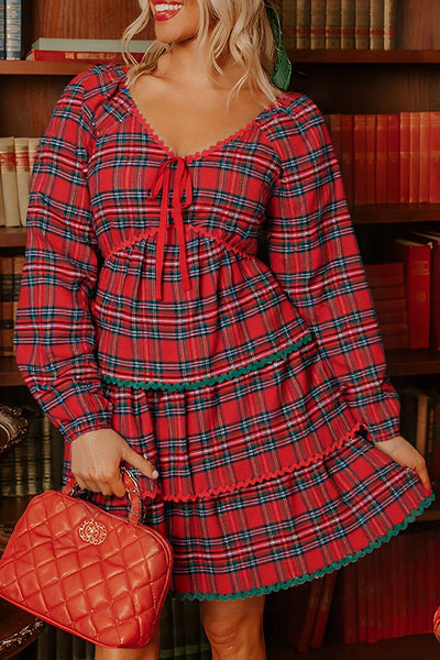 Women's Red Plaid Tiered Babydoll Mini Dress with Ricrac Trim