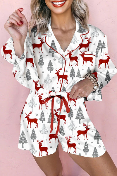 Women's Red Reindeer Long Sleeve Satin Shorts Pajama Set