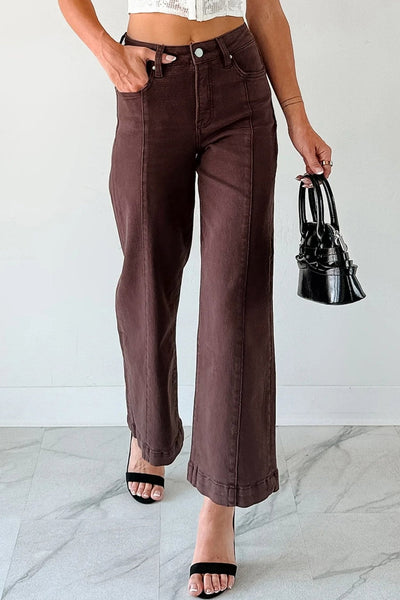 Women's Red Sandalwood High-Waist Seamed Wide Leg Cropped Jeans
