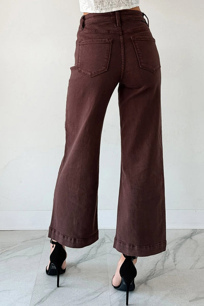 Women's Red Sandalwood High-Waist Seamed Wide Leg Cropped Jeans