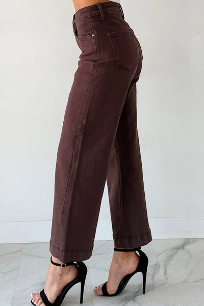 Women's Red Sandalwood High-Waist Seamed Wide Leg Cropped Jeans