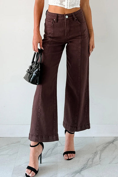 Women's Red Sandalwood High-Waist Seamed Wide Leg Cropped Jeans