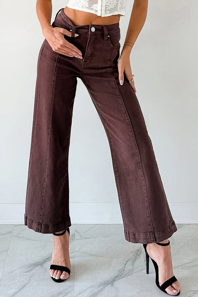 Women's Red Sandalwood High-Waist Seamed Wide Leg Cropped Jeans