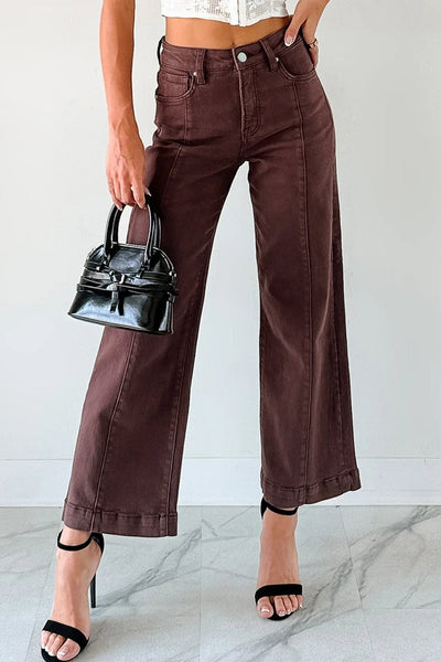 Women's Red Sandalwood High-Waist Seamed Wide Leg Cropped Jeans