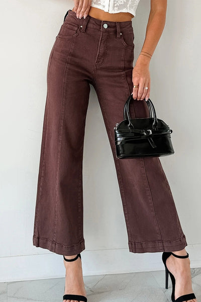 Women's Red Sandalwood High-Waist Seamed Wide Leg Cropped Jeans
