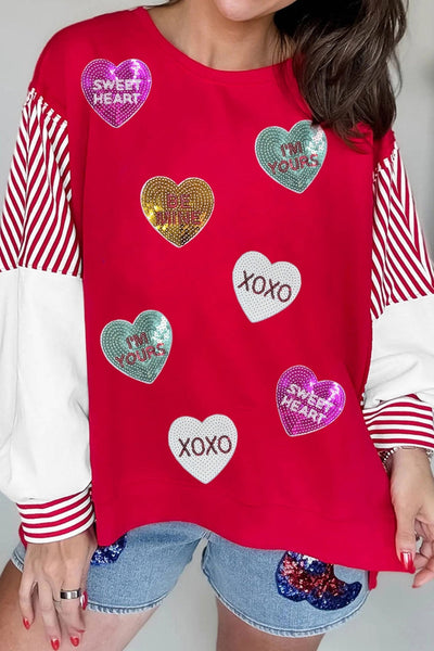 Women's Red Sequin Heart Color-Block Sweatshirt
