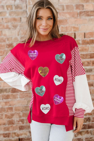 Women's Red Sequin Heart Color-Block Sweatshirt