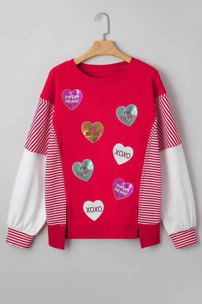 Women's Red Sequin Heart Color-Block Sweatshirt