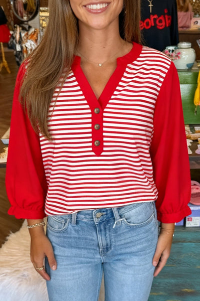 Women's Red Stripe Contrast Patchwork Blouse with Henley V-Neck