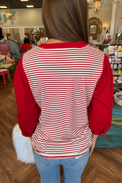 Women's Red Stripe Contrast Patchwork Blouse with Henley V-Neck