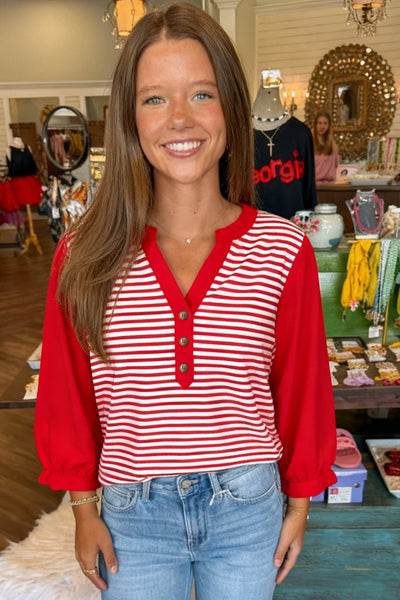 Women's Red Stripe Contrast Patchwork Blouse with Henley V-Neck