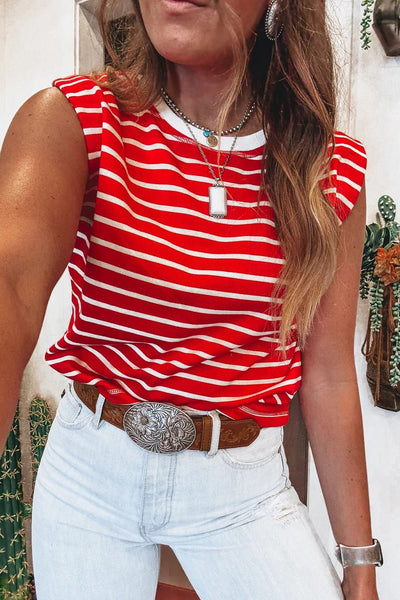 Women's Red Stripe Muscle Tank with Contrast Crew Neckline