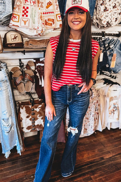 Women's Red Stripe Muscle Tank with Contrast Crew Neckline