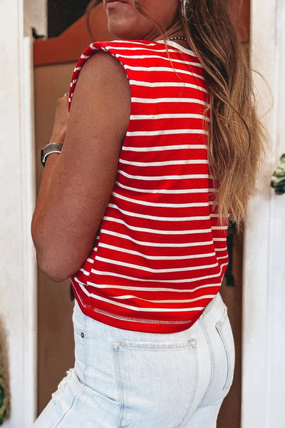 Women's Red Stripe Muscle Tank with Contrast Crew Neckline