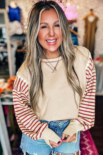 Women's Red Stripe Patchwork Knit Top with Drop Shoulders